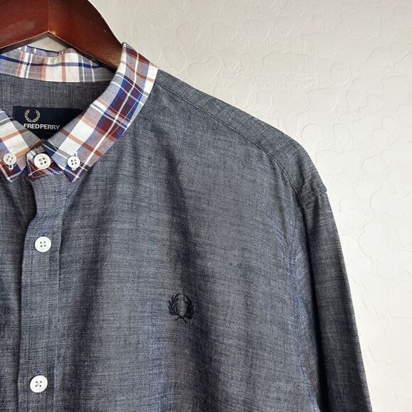 Fred Perry Button Down Shirt Men's Large Slim Fit Gray Plaid Check Collar Adult - Picture 5 of 10